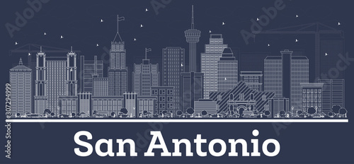 Outline San Antonio Texas City Skyline with White Buildings.