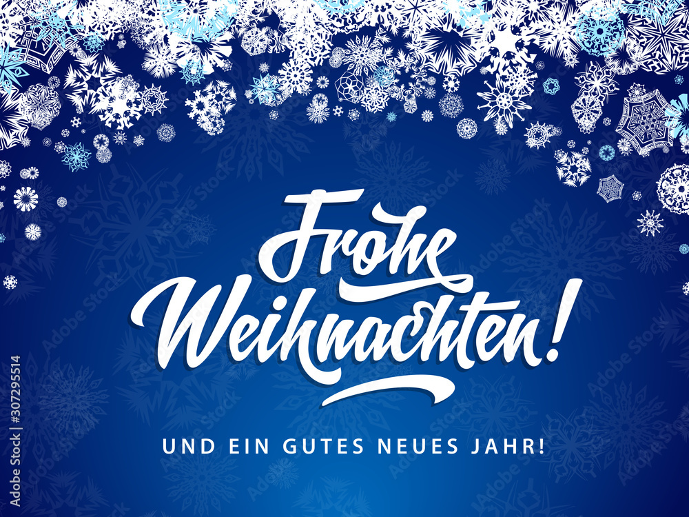 Frohe Weihnachten - Merry Christmas in German language blue flat background template with snowflakes and calligraphy