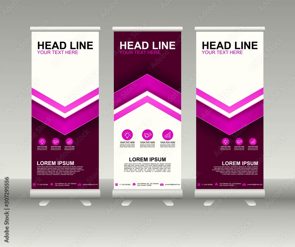 Roll up banner stand. Vertical Vector template design. Modern Flag Banner Design with abstract background can be used for Annual Report, Cover, Flyer, Magazine, Presentation, Poster, Website