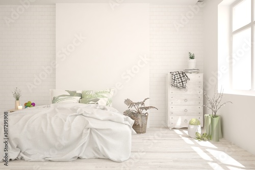 Stylish bedroom in white color. Scandinavian interior design. 3D illustration