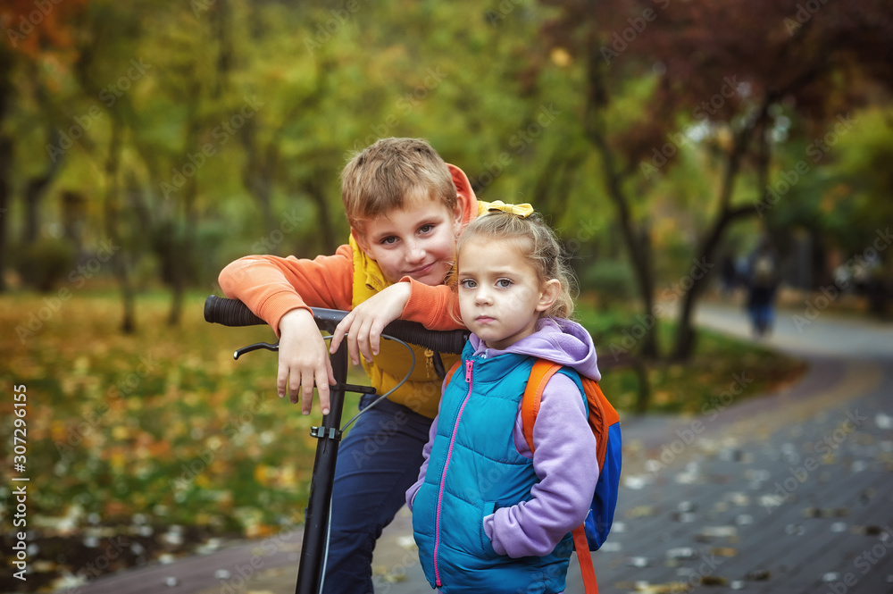 Fototapeta premium Brother and sister on a walk in the Park . Children on autumn walk
