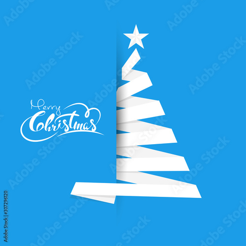 Font of Merry Christmas Text with Creative Xmas Tree made by White Ribbon on Blue Background.