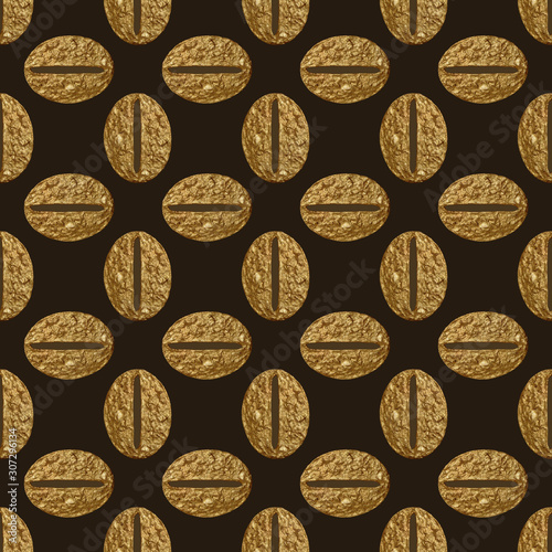 Coffee beans gold seamless pattern. Abstract hand painted golden background. Stylized texture in vintage style.