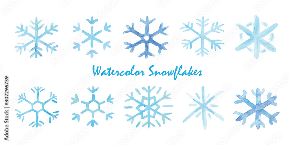 Watercolor set of snowflakes. Hand painted realistic illustration