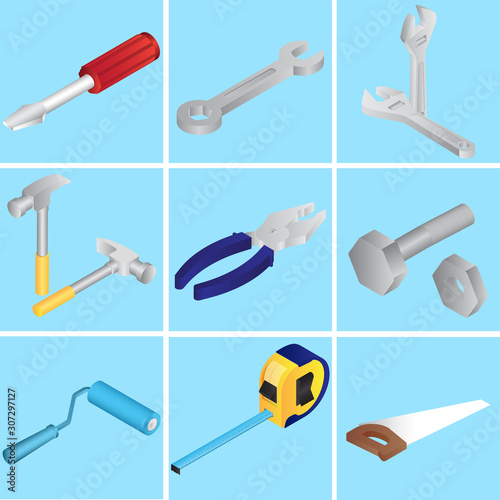 Collection of repairing tools or objects on blue background.