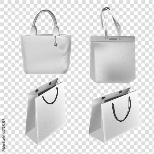 Reusable eco bags. Vector realistic illustration of different bags. Isolated objects.
