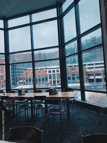 College dining hall on a snowy day