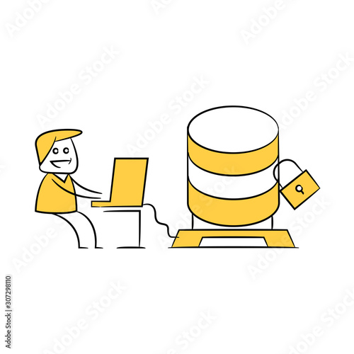 hacker working and hacking on computer and server security yellow stick figure