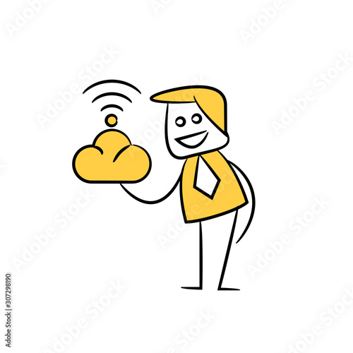 businessman holding cloud with wifi yellow stick figure