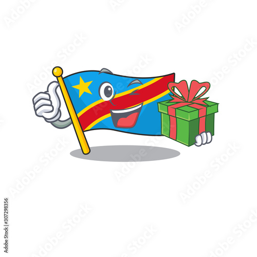 mascot cartoon of happy flag democratic republic with gift box