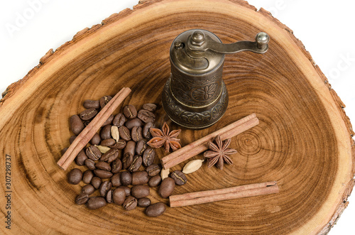 coffee bean with spices and handmill
