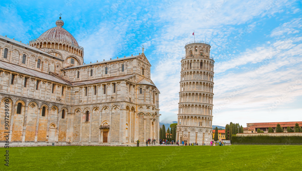 The Leaning Tower in a sunny day in Pisa, Italy.