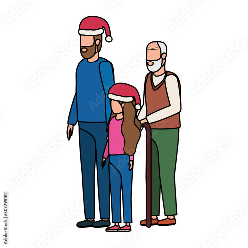 cute grandfather with young son and granddaughter using christmas hat