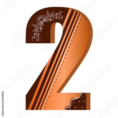 Numbers cookies chocolate vector - numbers 2 with flowers, leaves holidays and ornaments. Illustration cookies numbers