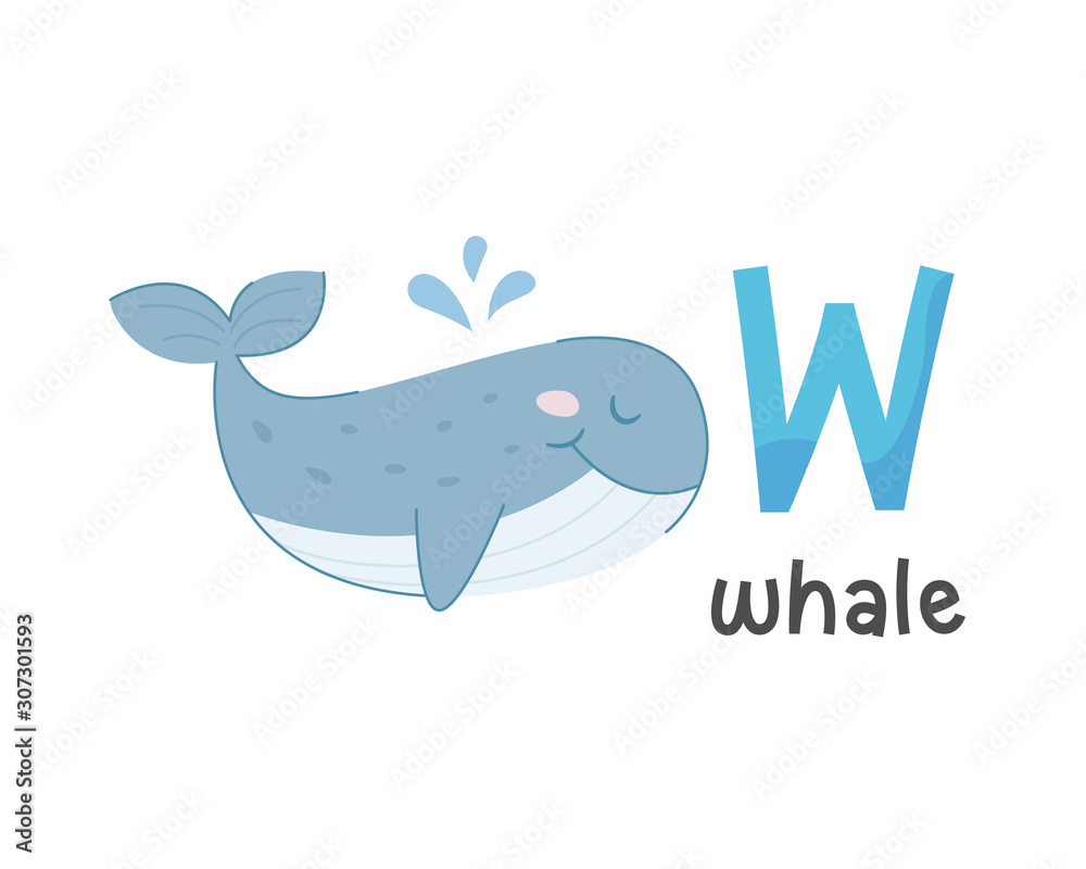 Vector illustration of alphabet letter W and whale