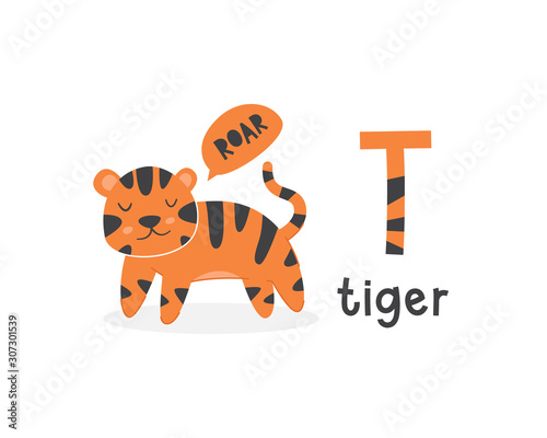 Vector illustration of alphabet letter T and tiger