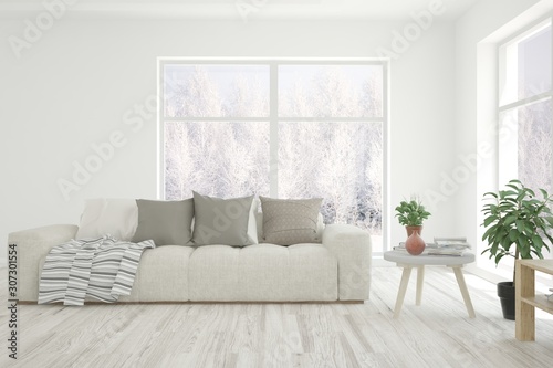 Stylish room in white color with sofa and winter landscape in window. Scandinavian interior design. 3D illustration