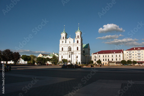 Sights and views of Grodno. Belarus..Soviet square. View of the Cathedral of St. Francis Xavier.
