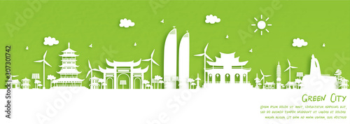 Green city of Xiamen, China. Environment and ecology concept. Vector illustration.