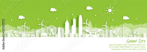 Green city of Hong Kong, China. Environment and ecology concept. Vector illustration.