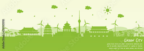 Green city of Beijing, China. Environment and ecology concept. Vector illustration.