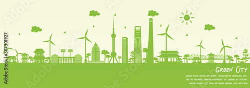Green city of Shanghai, China. Environment and ecology concept. Vector illustration.