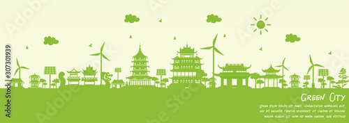 Green city of Hangzhou, China. Environment and ecology concept. Vector illustration.