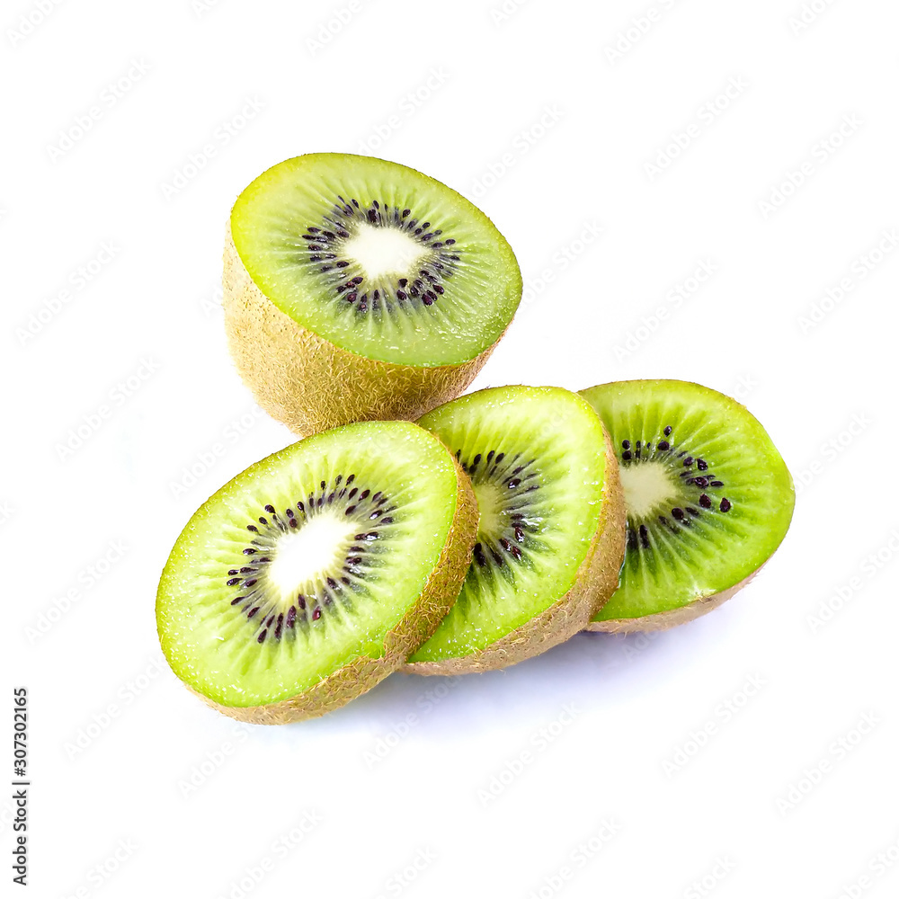Fototapeta premium Multiple sliced kiwi fruit on a white background.