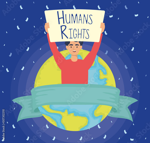 young man with human rights label and world planet