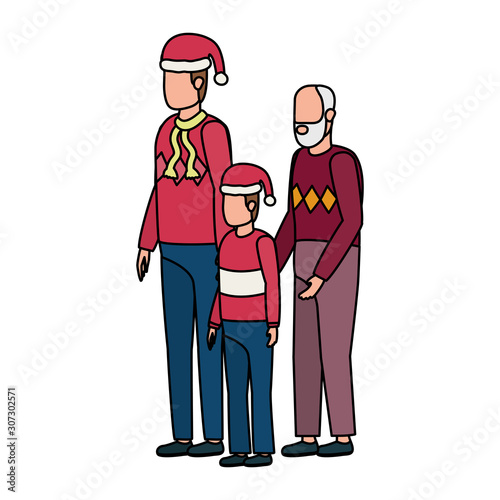 cute grandfather with young son and grandson using christmas hat