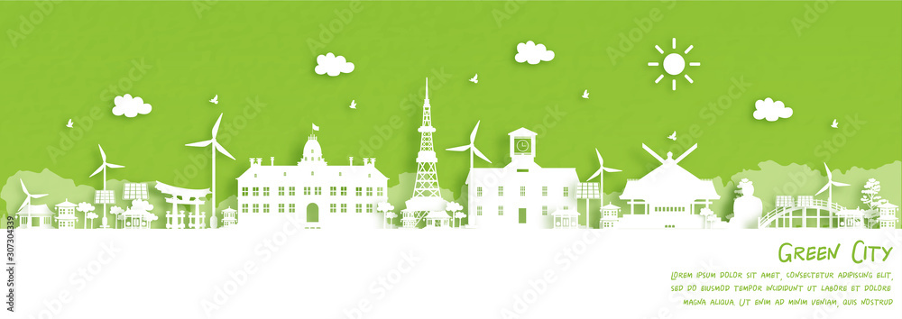 Green city of Sapporo, Japan. Environment and ecology concept in paper cut style. Vector illustration.