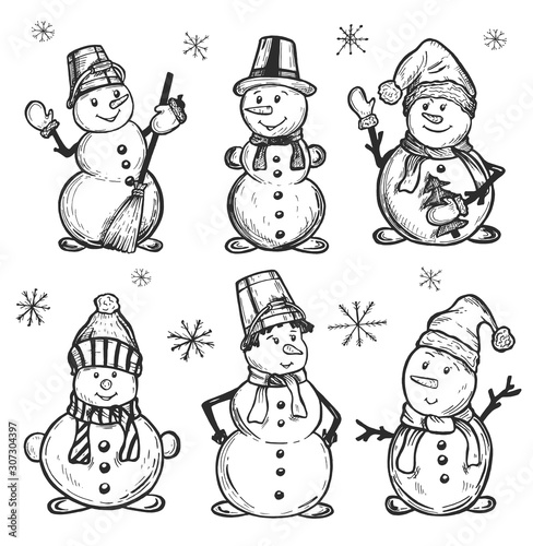 snowman with a broom. Segovik in a Santa Claus hat and with an iron bucket on his head vector graphics. sketch. Freehand drawing. eps