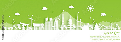 Green city of Tokyo, Japan. Environment and ecology concept in paper cut style. Vector illustration.