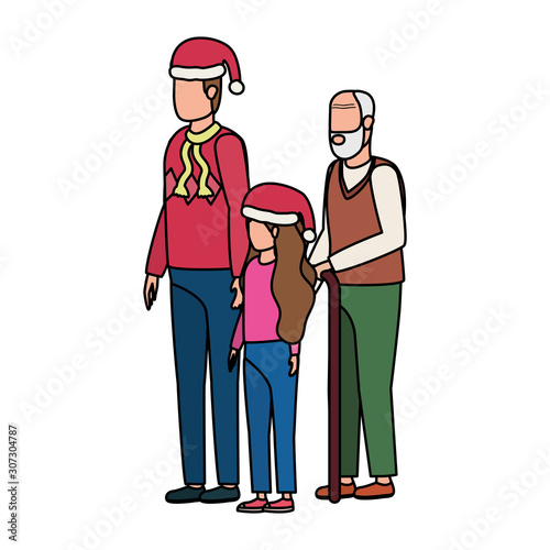 cute grandfather with young son and granddaughter using christmas hat