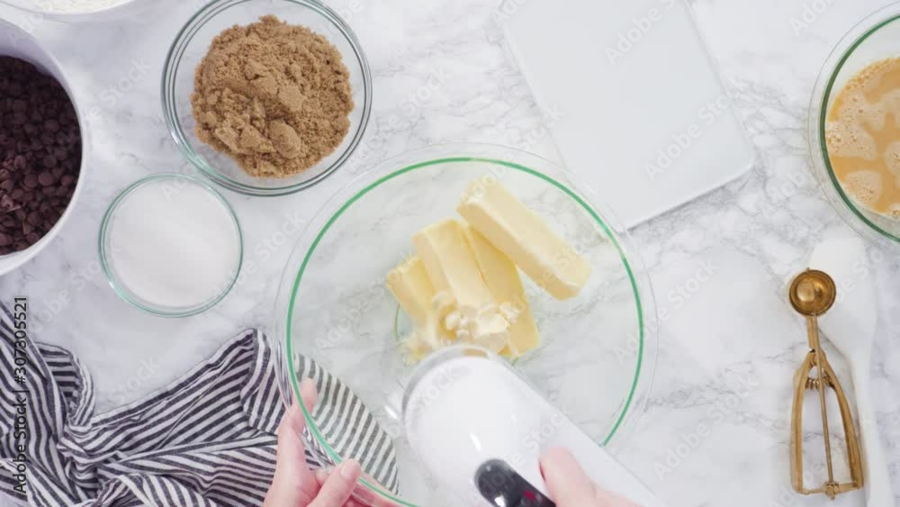 Step by step. Flat lay. Mixing ingredients in a glass bowl to make chocolate chip cookies. Step by step. Flat lay. Mixing ingredients in a glass bowl to make chocolate chip cookies.