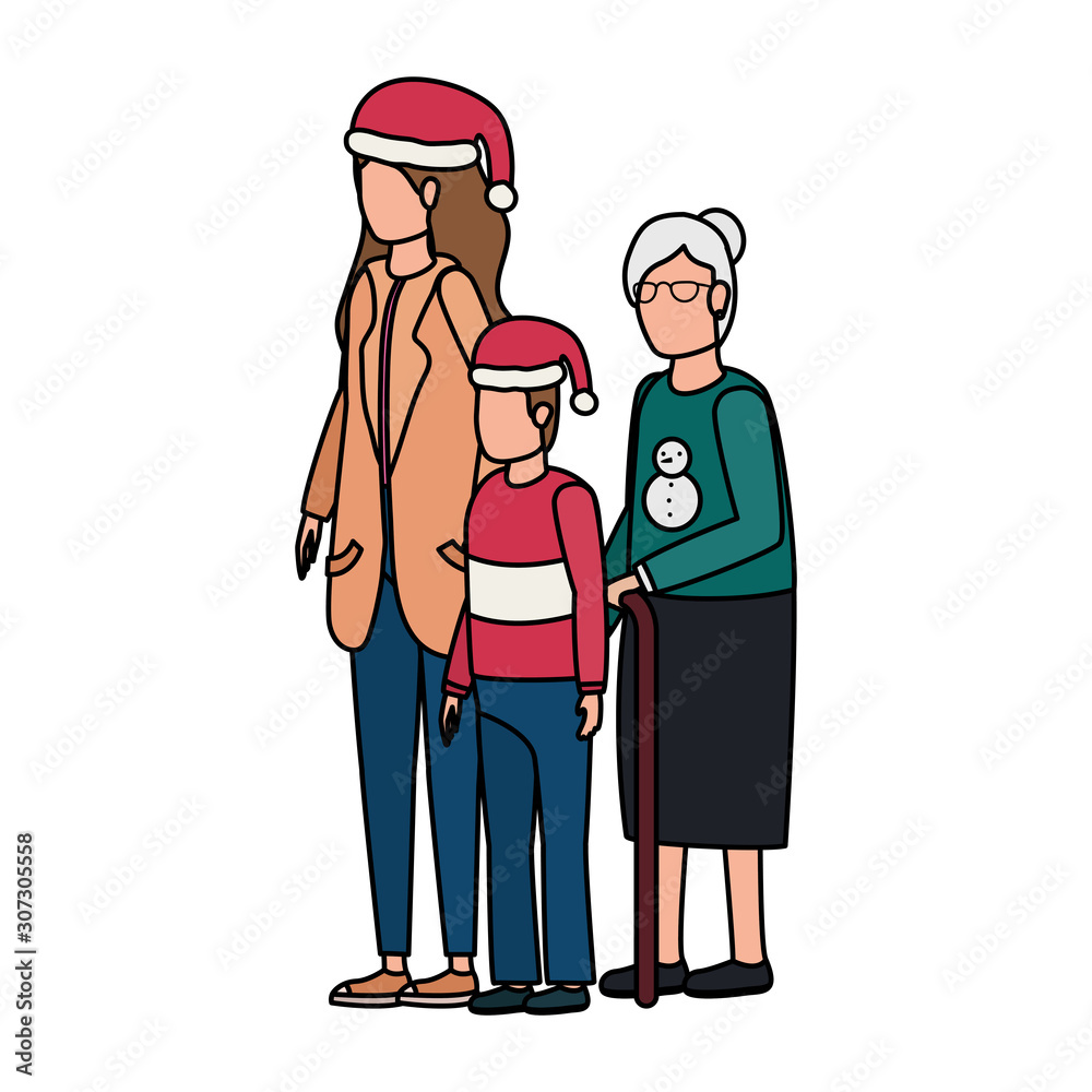 grandmother with daughter and grandson using christmas hat grandmother with daughter and grandson using christmas hat