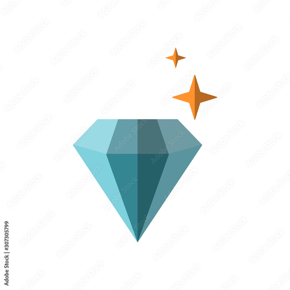Vector flat illustration of shiny diamond with stars around it, isolated on white background. Simple minimal pictogram of expensive jewelry gemstone, blue diamond, vector diamond icon Vector flat illustration of shiny diamond with stars around it, isolated on white background. Simple minimal pictogram of expensive jewelry gemstone, blue diamond, vector diamond icon