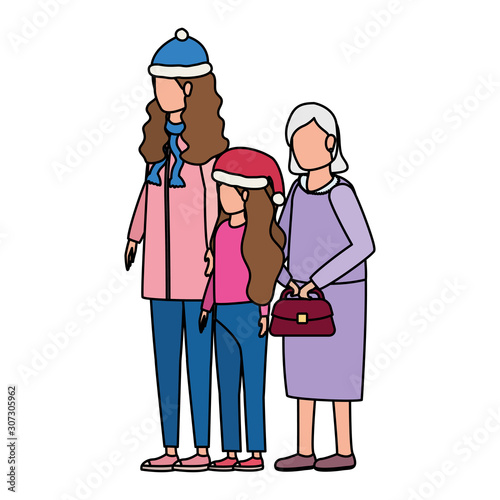 grandmother with daughter and grandaughter using christmas hat