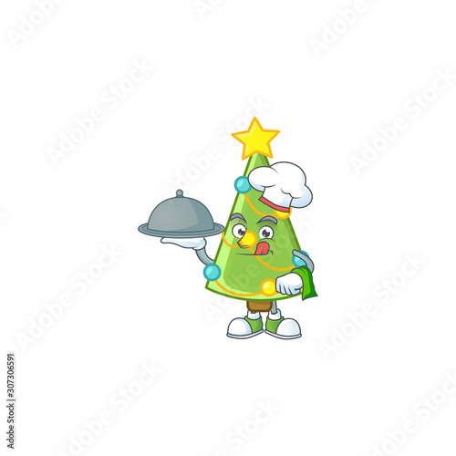smiling christmas tree decoration as a Chef with food cartoon style design