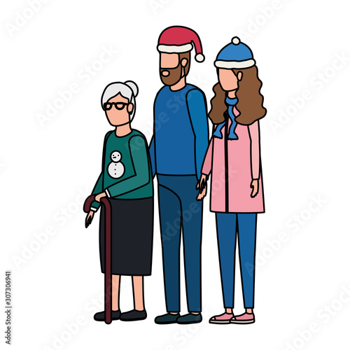 cute grandmother with young couple using christmas hat