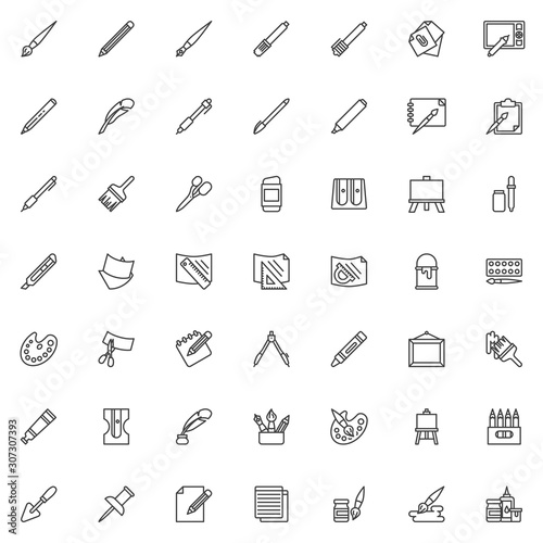 Drawing tools line icons set. Art supplies linear style symbols collection, outline signs pack. vector graphics. Set includes icons as paintbrush, paint jar, color palette, easel, pencil, pen, marker