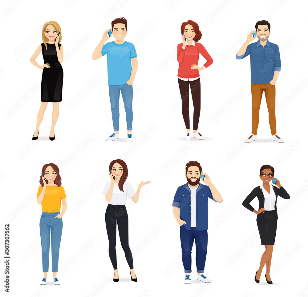 Smiling young people talking on mobile phones. Men and women characters set vector illustration isolated
