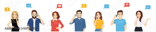 Smiling young people talking on mobile phones. Men and women characters set vector illustration isolated