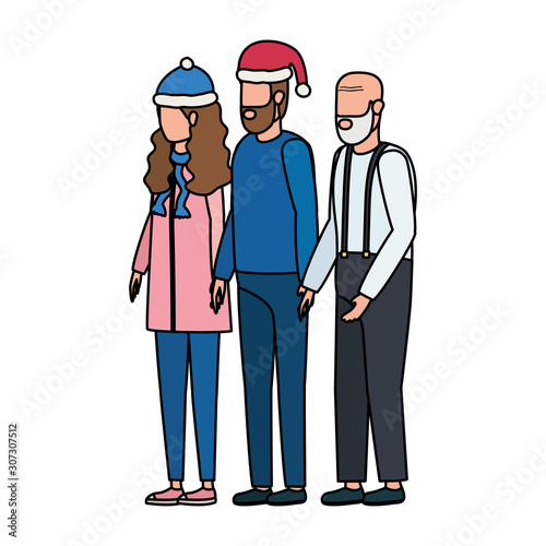 cute grandfather with young couple using christmas hat
