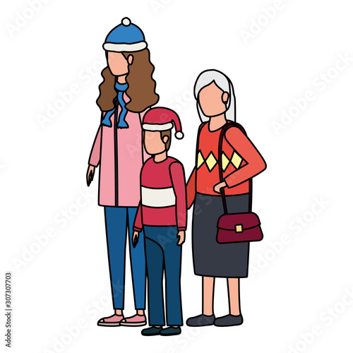 grandmother with daughter and grandson using christmas hat