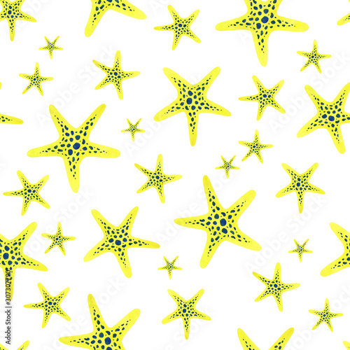Watercolor seamless pattern with yellow starfish. Hand-drawn watercolor elements. Sea life. Underwater.