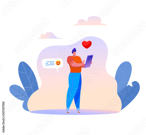 Vector cartoon man sending message by smartphone