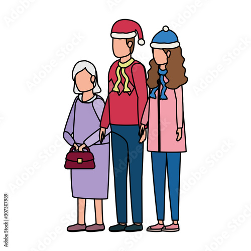 cute grandmother with young couple using christmas hat
