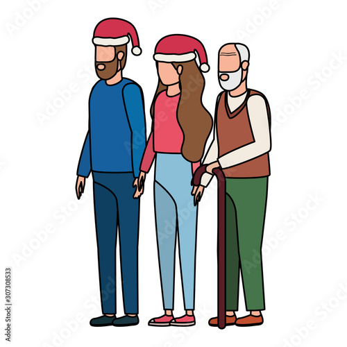 cute grandfather with young couple using christmas hat