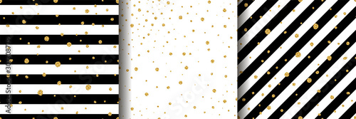 Set of Christmas vector striped seamless patterns. 3 holiday ornaments for wallpapers, posters, wrapping paper. Golden sparkles isolated on white background. Gold glitter with black and white stripes